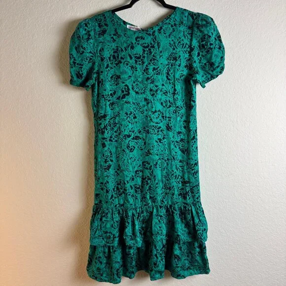 Maggy London | Dresses | Vtg Maggy London By Jeannene Booher Silk Green  Print Ruffle Short Sleeve Dress 8 | Poshmark